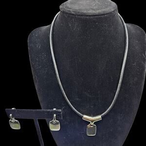 Lia Sophia Silver Pendant Necklace & Earrings Set Leather Cord Modern Minimalist